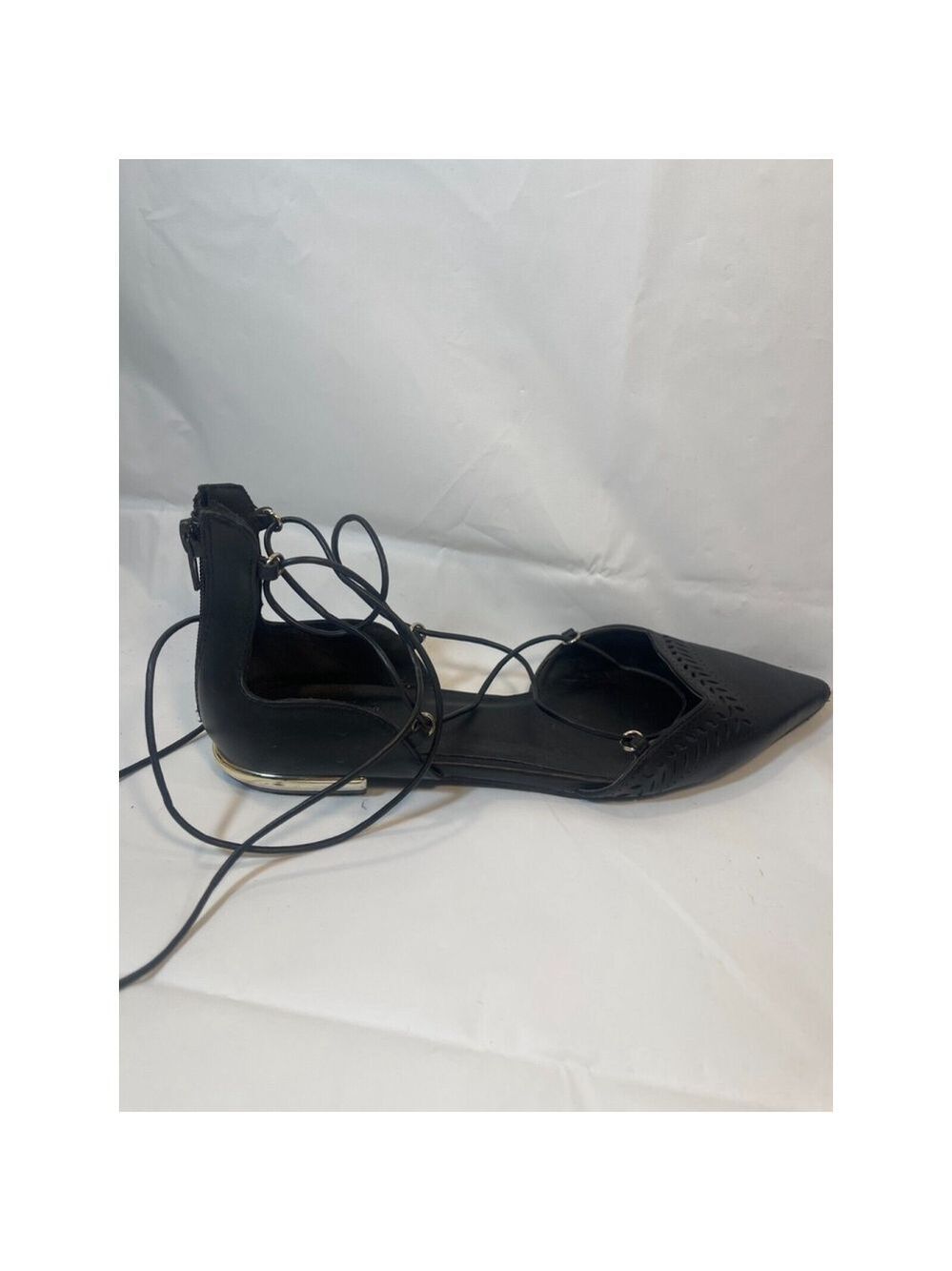 Aldo Women's Black Leather Lace Up Gladiator Pointed Toe Back Zip Flat Shoes 9 - Picture 3 of 12